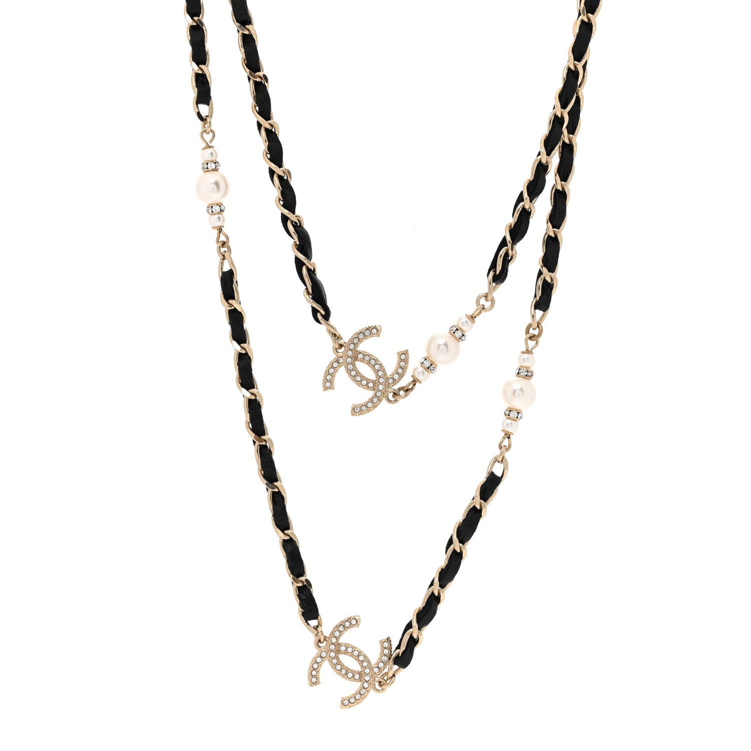 Chanel Lambskin Pearl CC Long Chain Necklace Black Gold 1 of 5