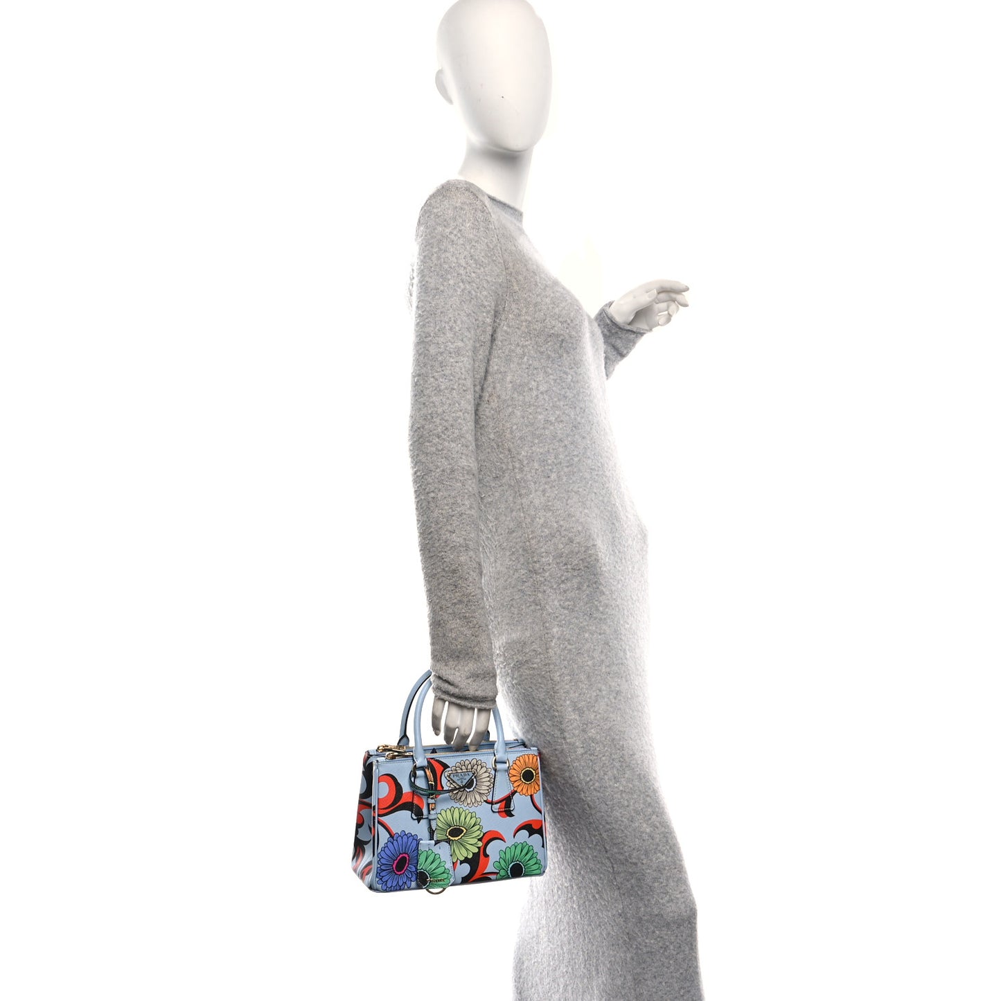 Saffiano Lux Floral Print Small Galleria Double Zip Tote Celeste