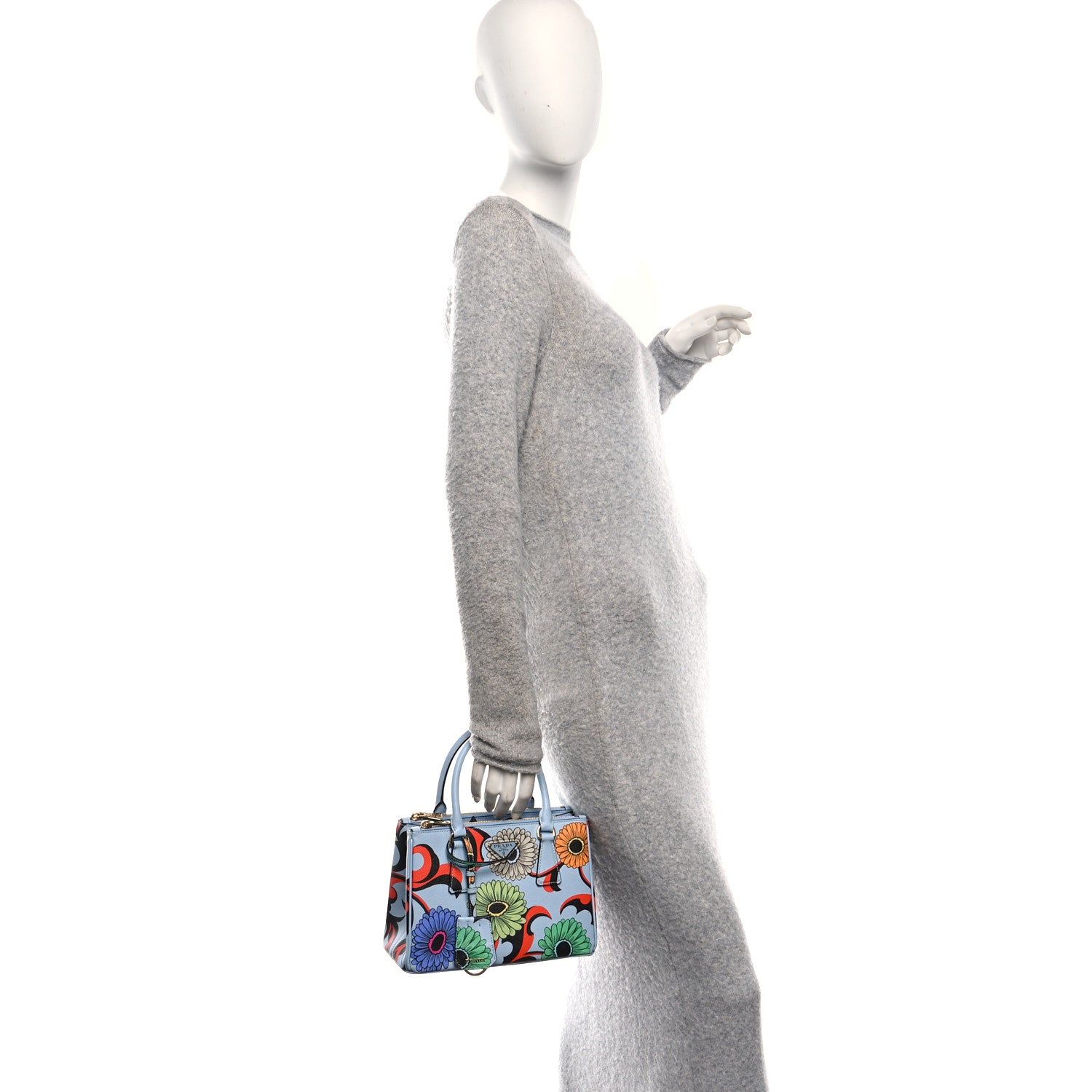 Prada Saffiano Lux Floral Print Small Galleria Double Zip Tote Celeste 2 of 9