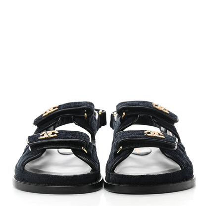 Chanel Velvet Velcro Dad Sandals 38 Navy Blue 2 of 9