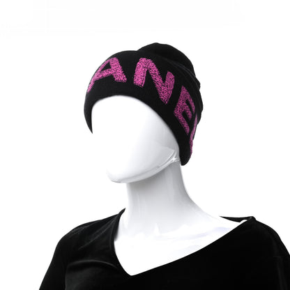 Chanel Cashmere Logo Beanie Hat Black Fuchsia 2 of 5