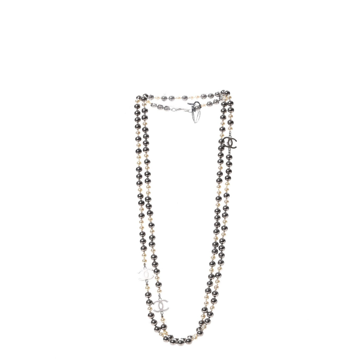 Pearl CC Long Necklace Silver Pearly White Grey