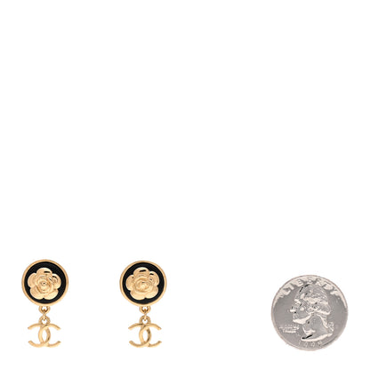 Chanel Metal Lambskin Camellia CC Drop Earrings Gold Black 2 of 4