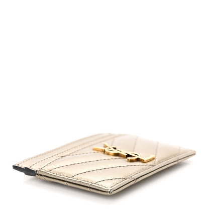 Saint Laurent Metallic Grain De Poudre Matelasse Chevron Monogram Credit Card Case Piombo 4 of 9