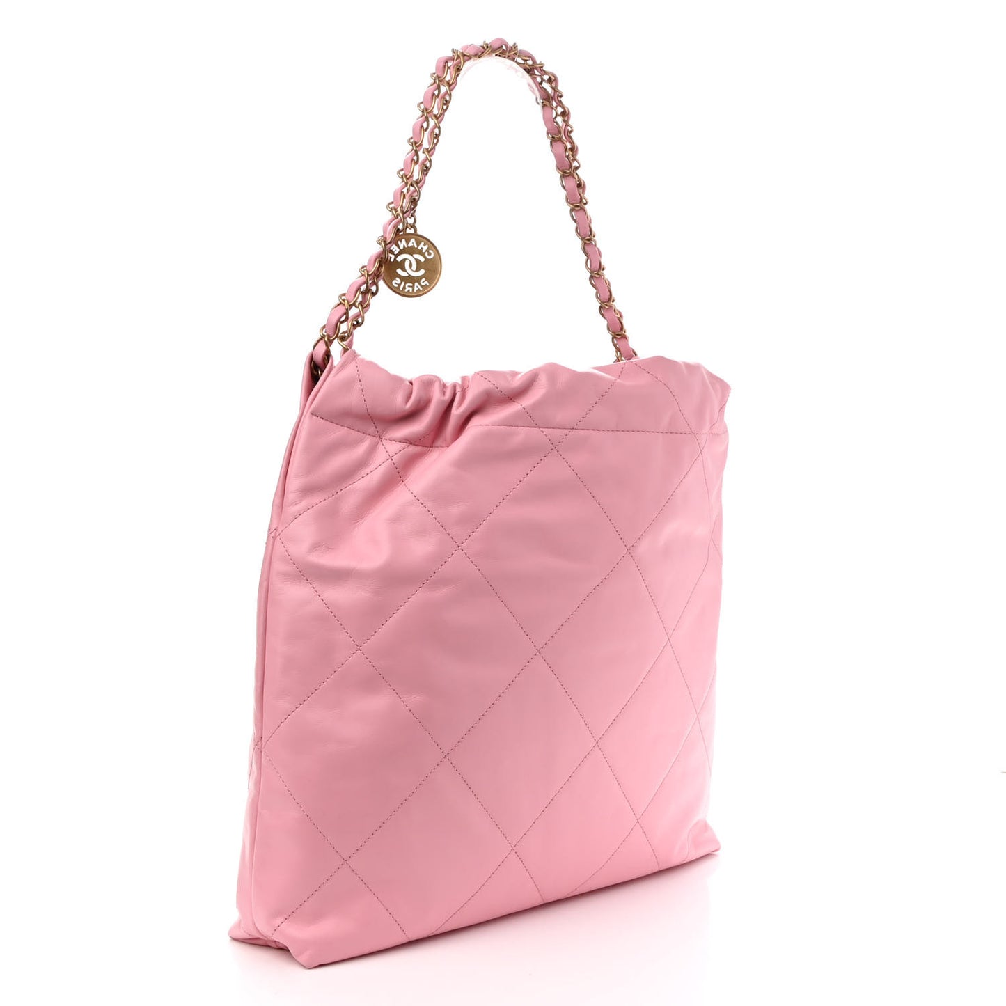 Shiny Calfskin Quilted Chanel 22 Drawstring Bag Light Pink