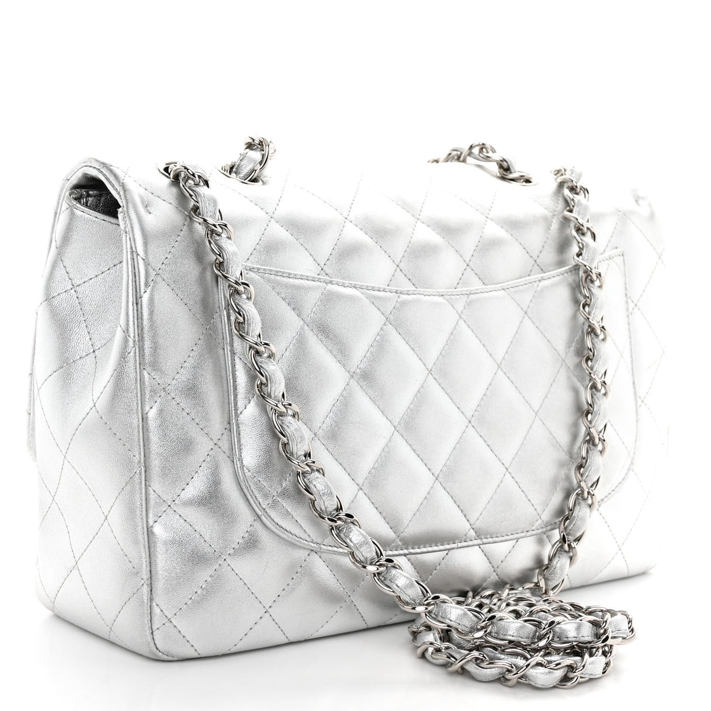 Metallic Lambskin Quilted Jumbo Single Flap Silver