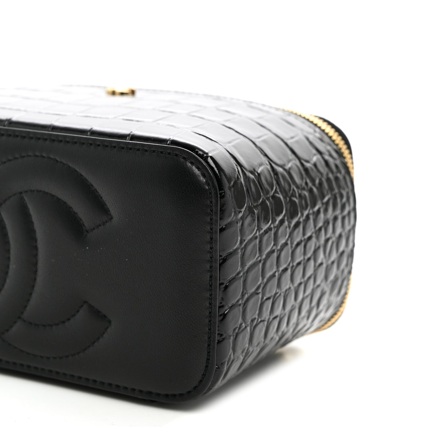 Calfskin Crocodile Embossed Crococo Small Top Handle Vanity Case With Chain Black