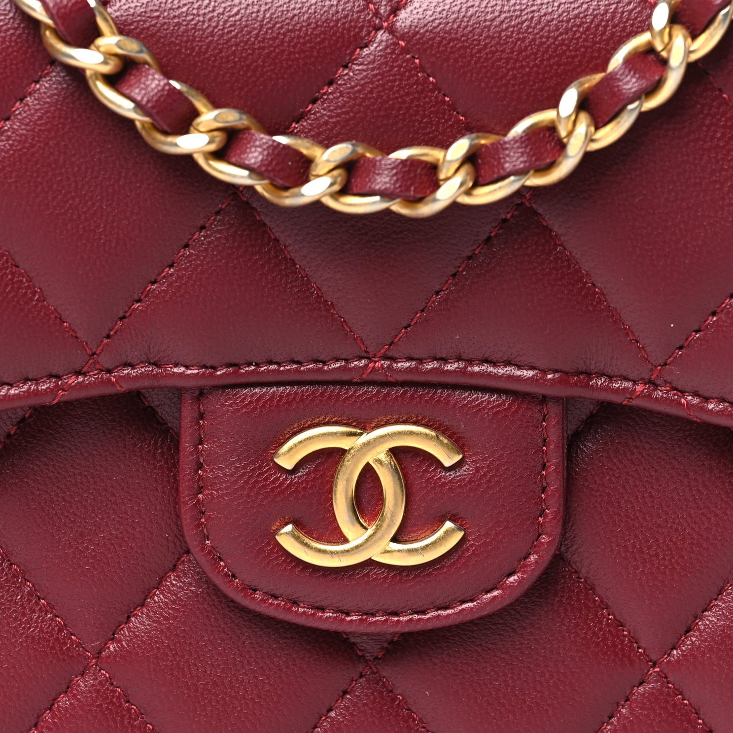 Lambskin Quilted Top Handle Flap Coin Purse With Chain Burgundy