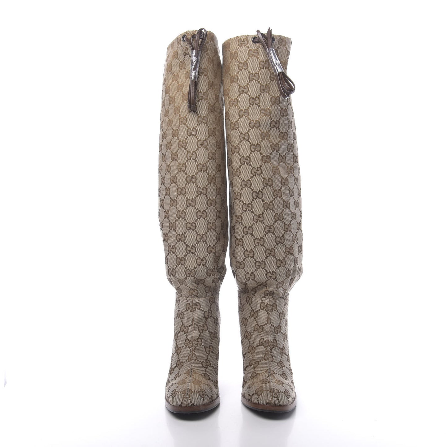 Monogram Malaga Kid Lisa Mid Heel Boots 36 Beige Ebony