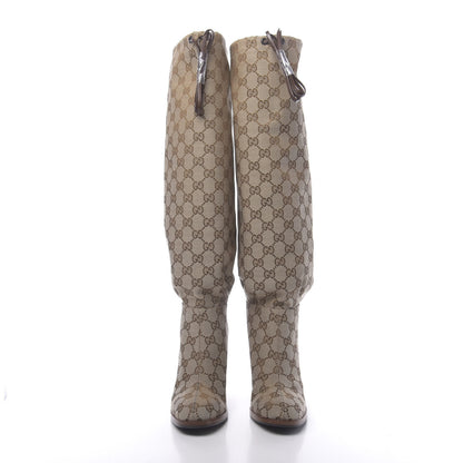 Gucci Monogram Malaga Kid Lisa Mid Heel Boots 36 Beige Ebony 2 of 8