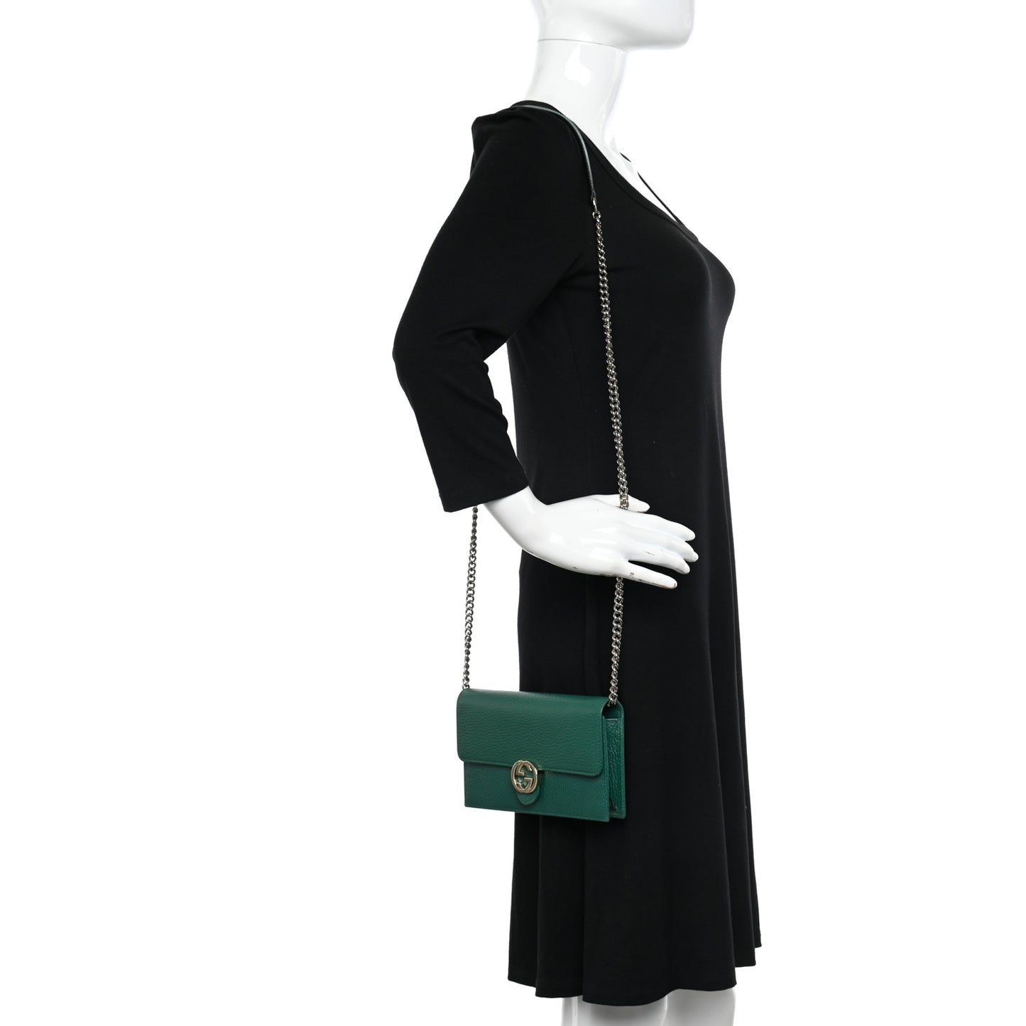 Dollar Calfskin Interlocking G Chain Wallet Emerald