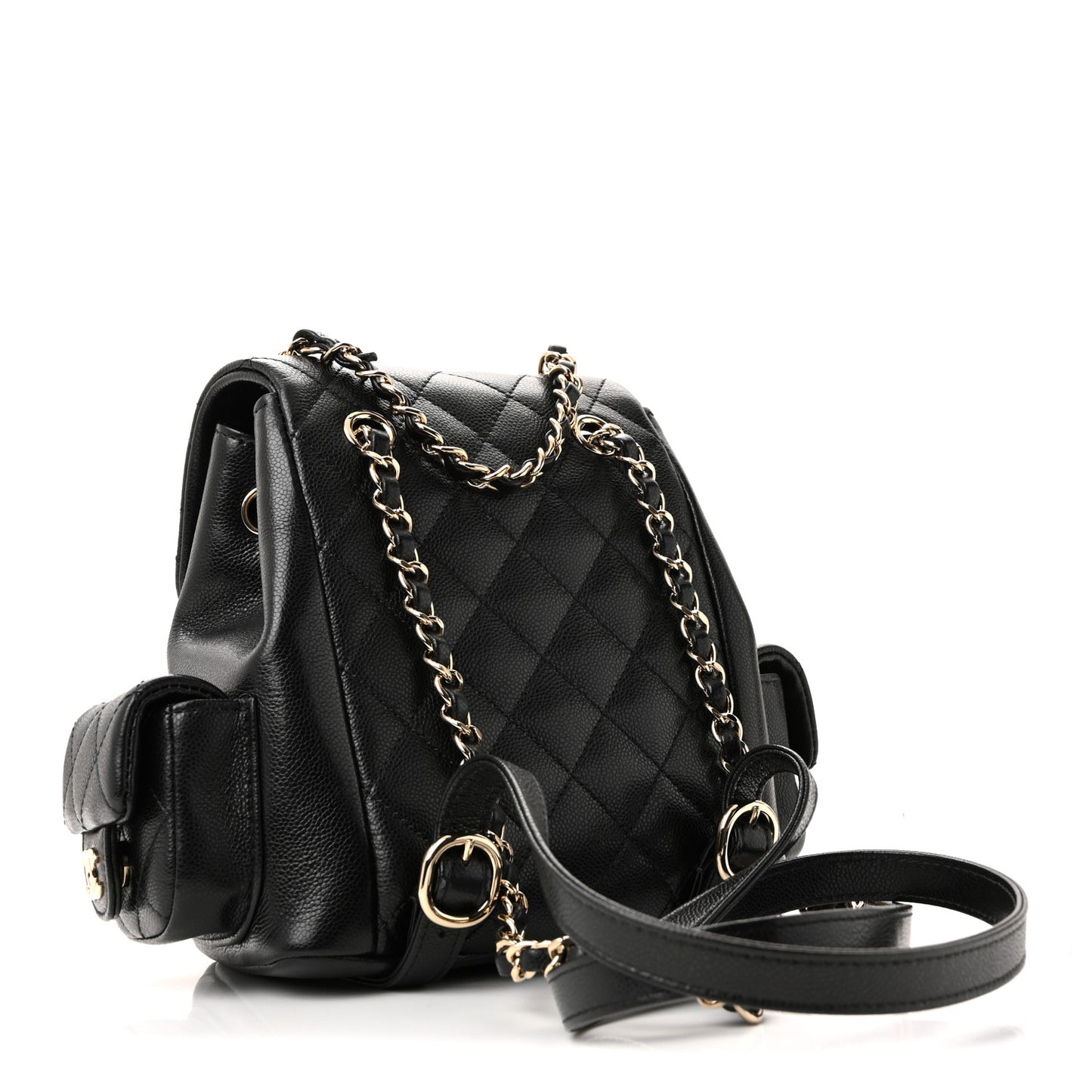 Shiny Caviar Quilted Small Duma Pockets Drawstring Backpack Black