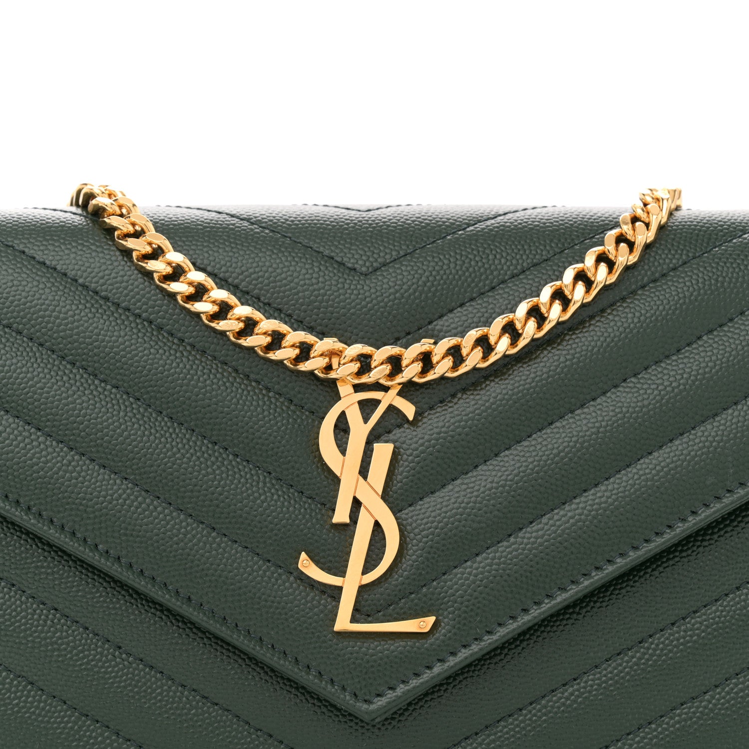 Saint Laurent Grain De Poudre Matelasse Chevron Monogram Chain Wallet Vert Fonce 8 of 12