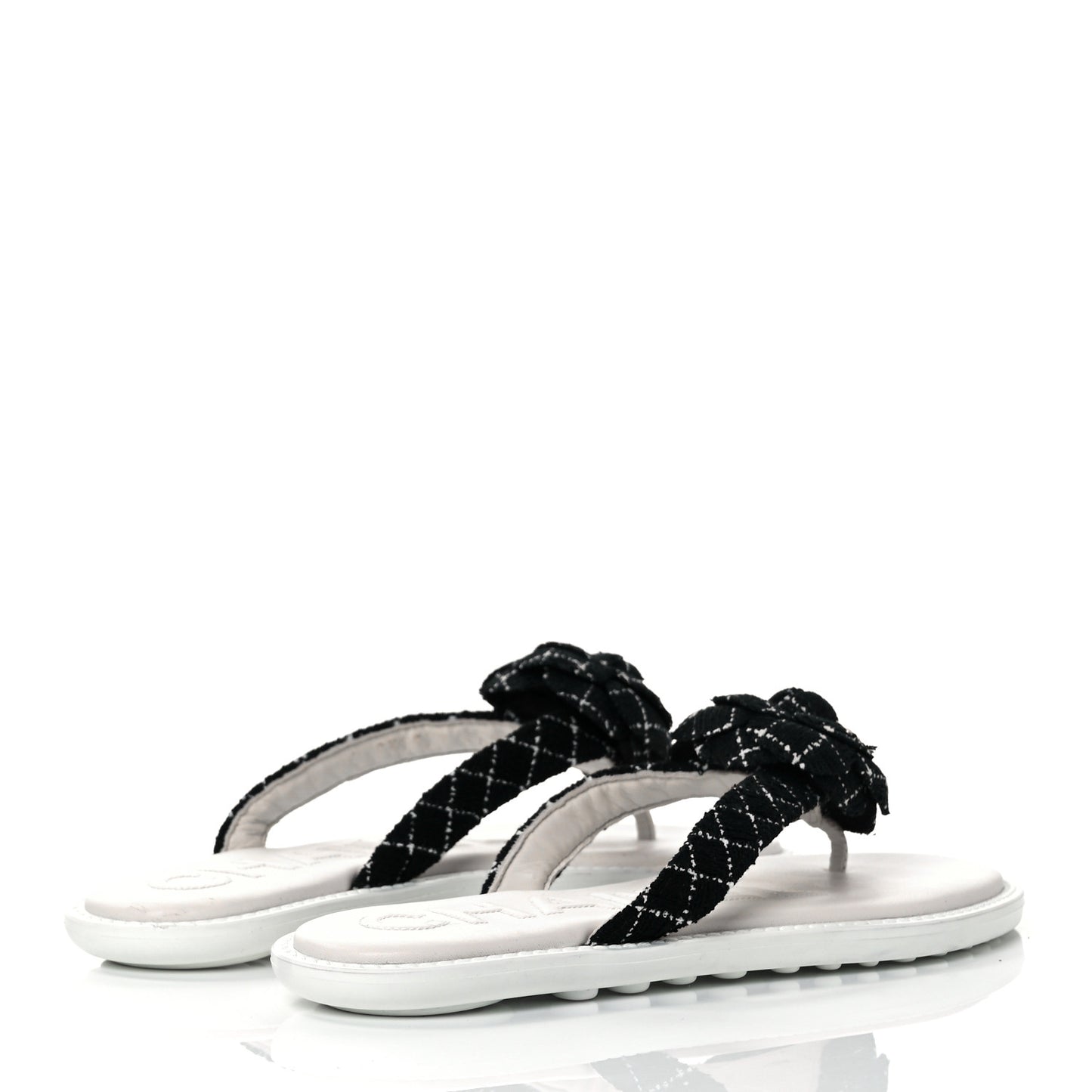 Tweed Quilted Camellia Thong Sandals 37.5 Black White