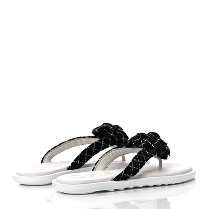 Chanel Tweed Quilted Camellia Thong Sandals 37.5 Black White 4 of 8