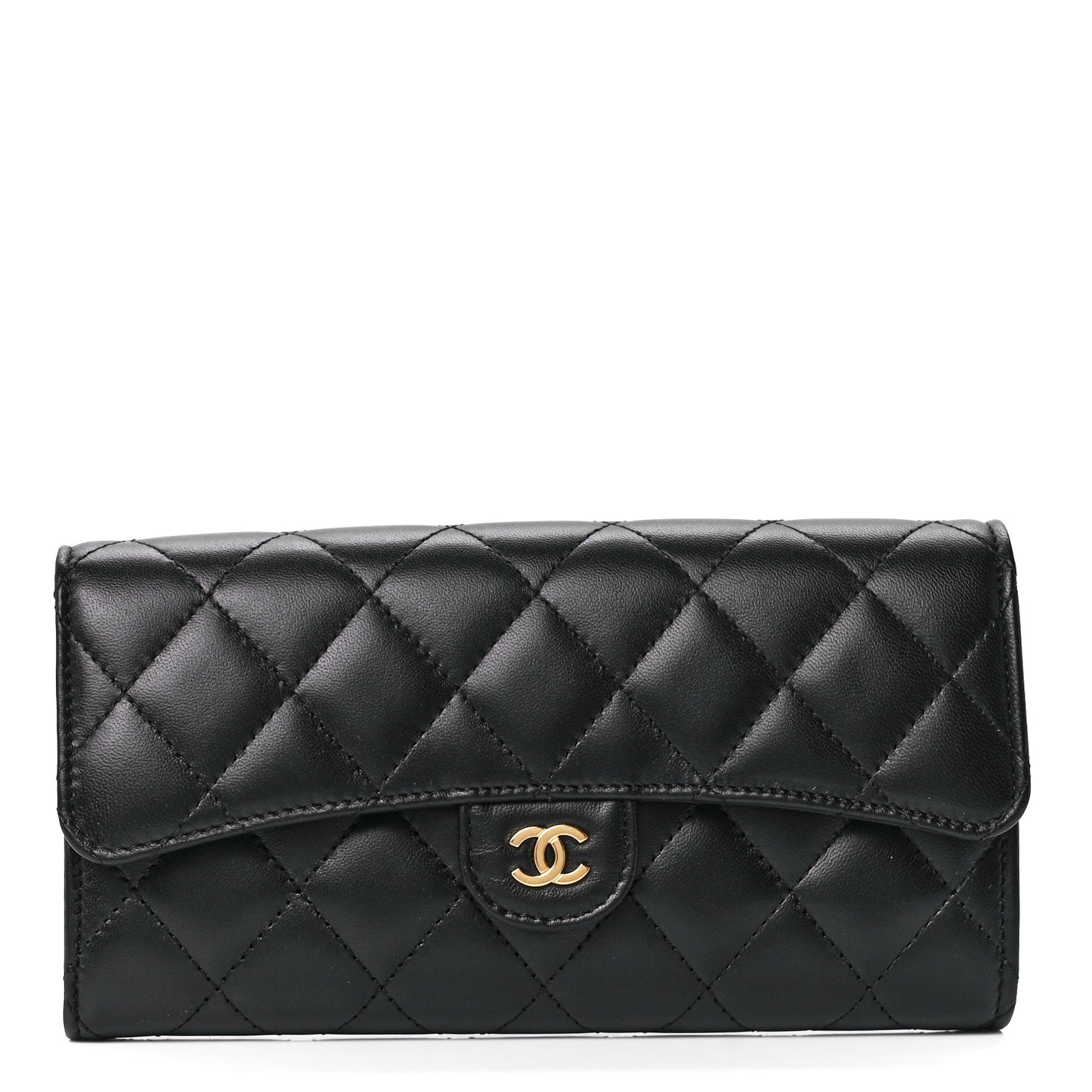 Lambskin Quilted Large Gusset Flap Wallet Black