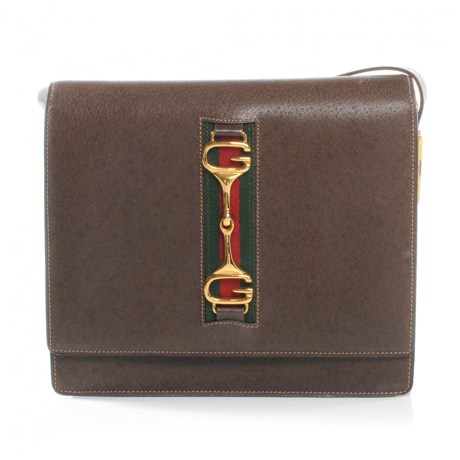 Gucci Calfskin Web Horsebit Shoulder Bag Brown 1 of 6
