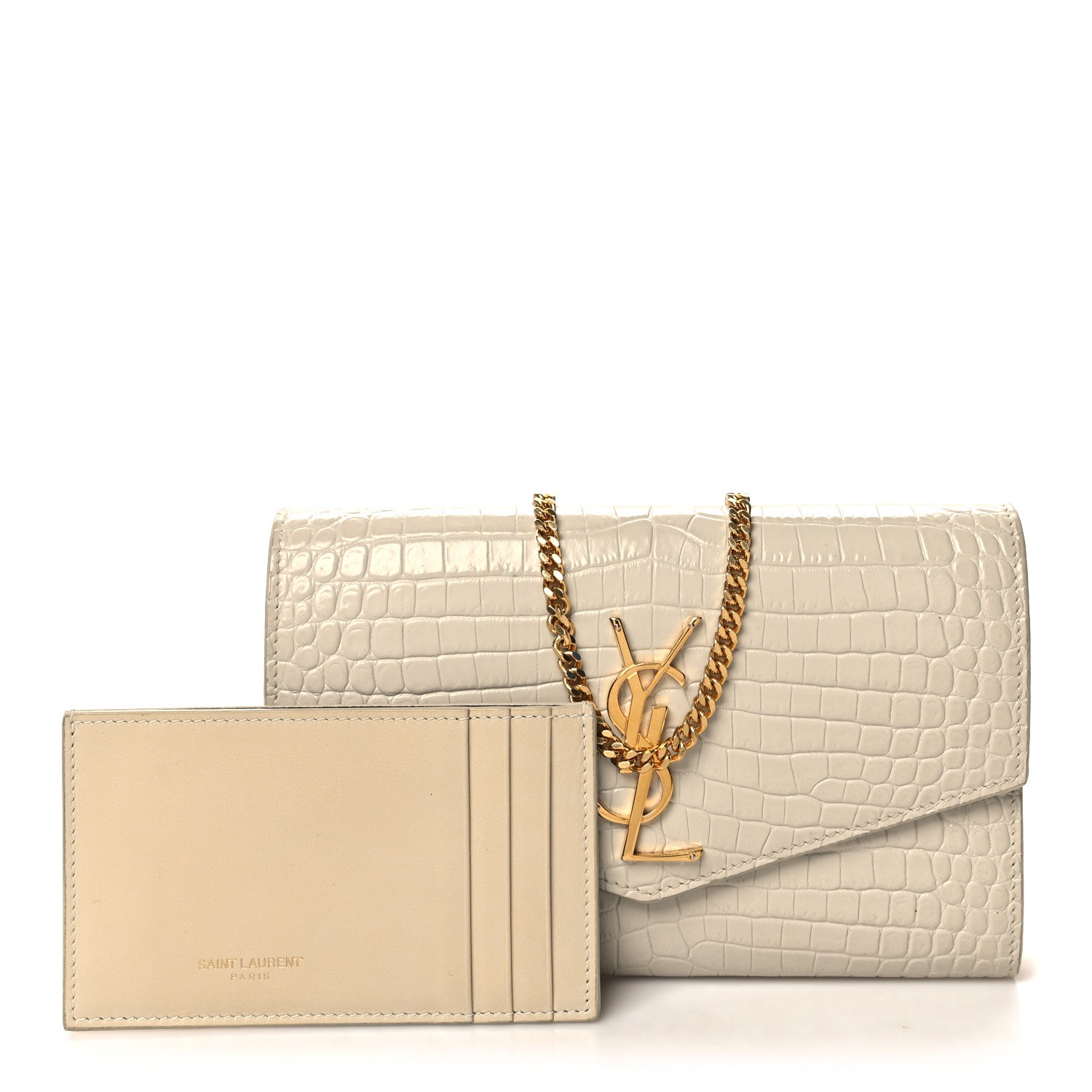 Saint Laurent Calfskin Crocodile Embossed Monogram Uptown Chain Wallet Crema Soft 4 of 11