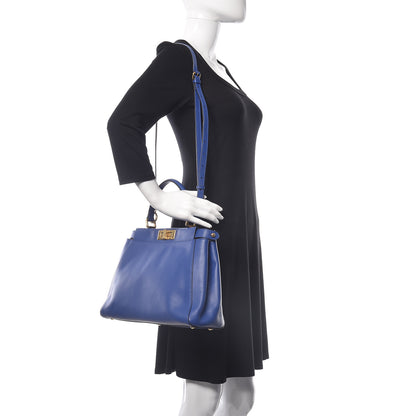 Fendi Vitello Morgan Fabric Jacquard Pequin Medium Peekaboo Iconic Satchel Blue Neon Tobacco 2 of 9