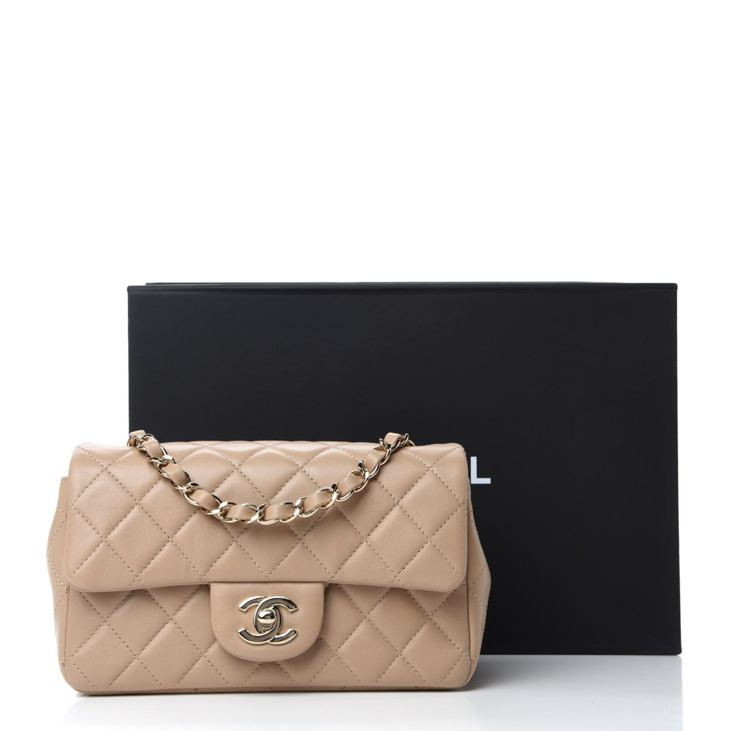 Lambskin Quilted Mini Rectangular Flap Dark Beige