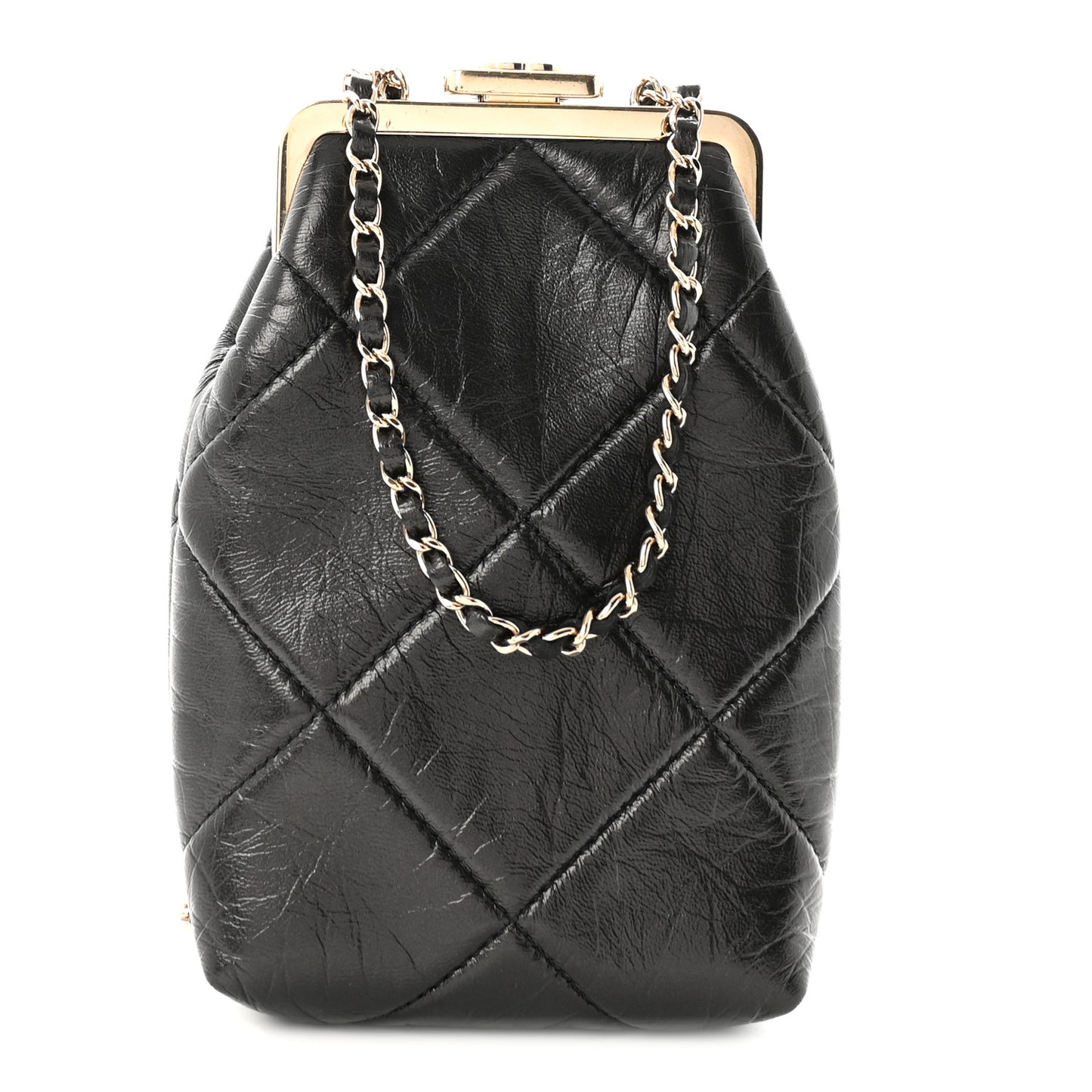 Shiny Aged Lambskin Quilted Kiss Lock Clutch With Chain Black