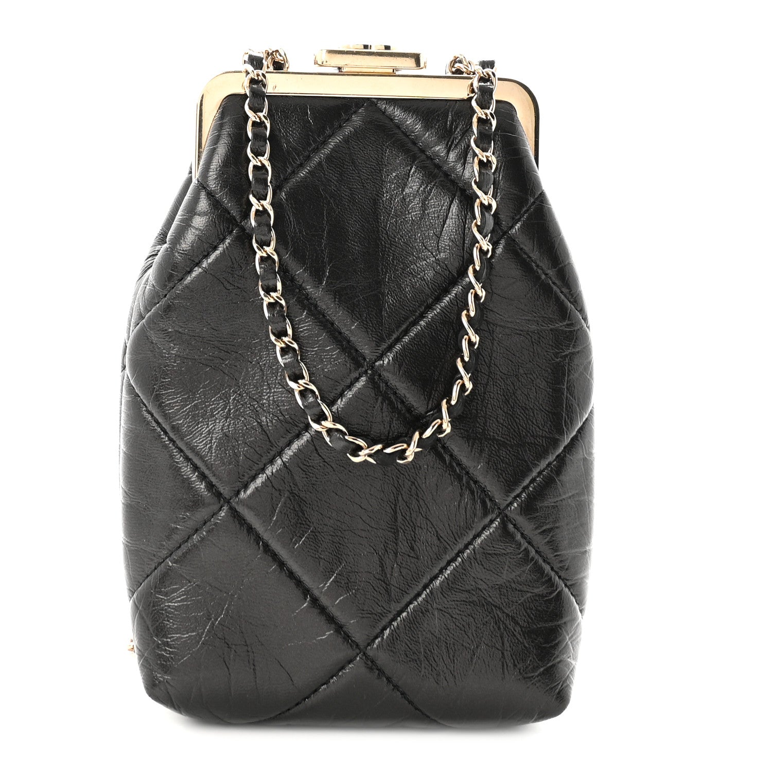 Chanel Shiny Aged Lambskin Quilted Kiss Lock Clutch With Chain Black 1 of 10