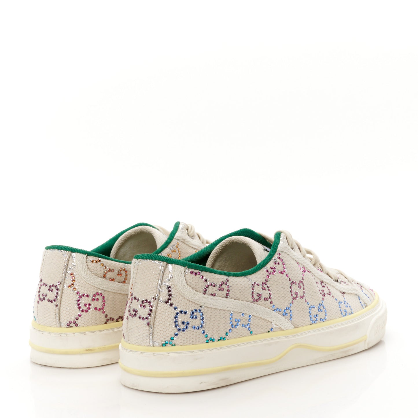 Canvas Lame Crystal GG Monogram Womens 1977 Tennis Sneakers 38 Gardenia Silver Mystic White