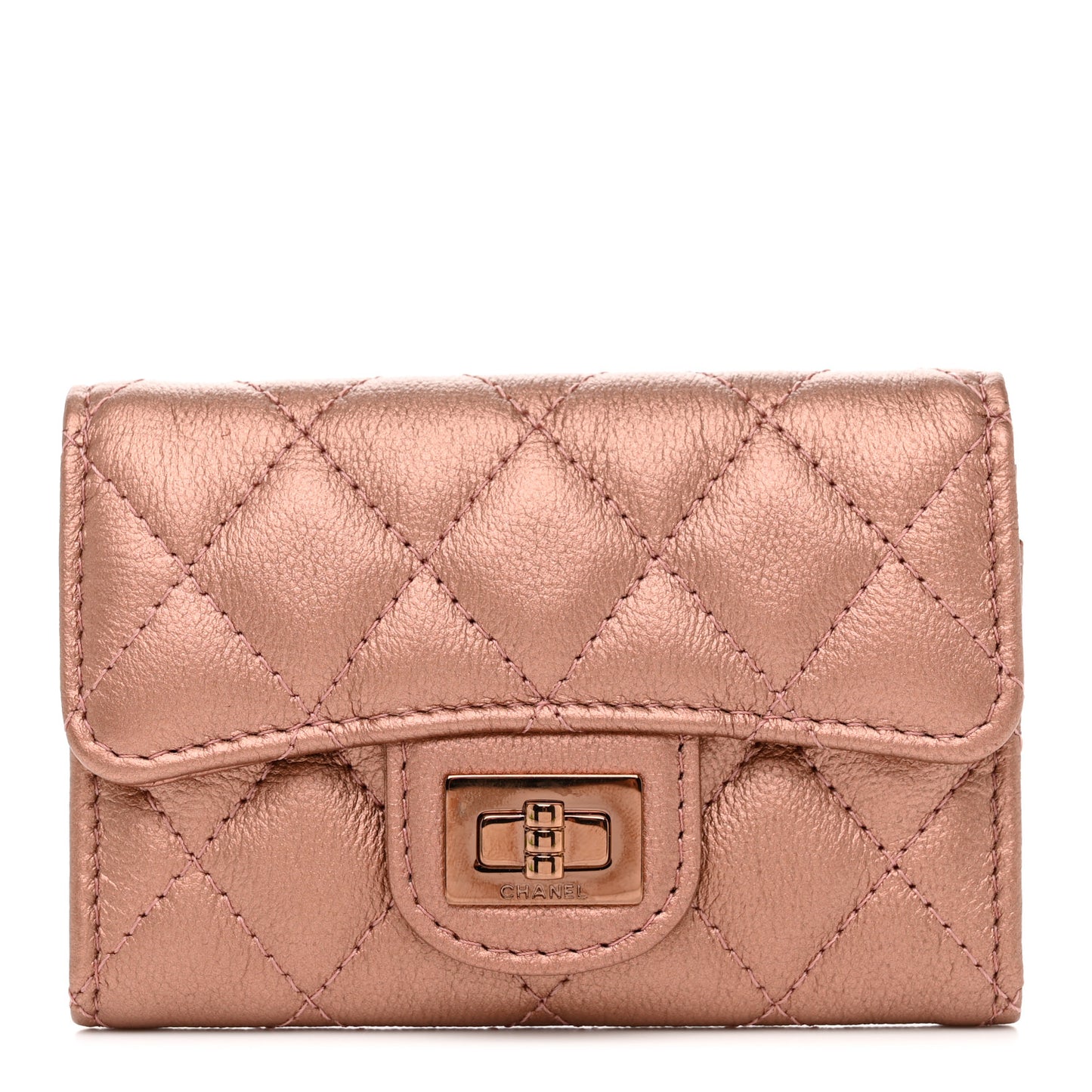 Metallic Calfskin Quilted Reissue Flap Card Holder Copper Pink