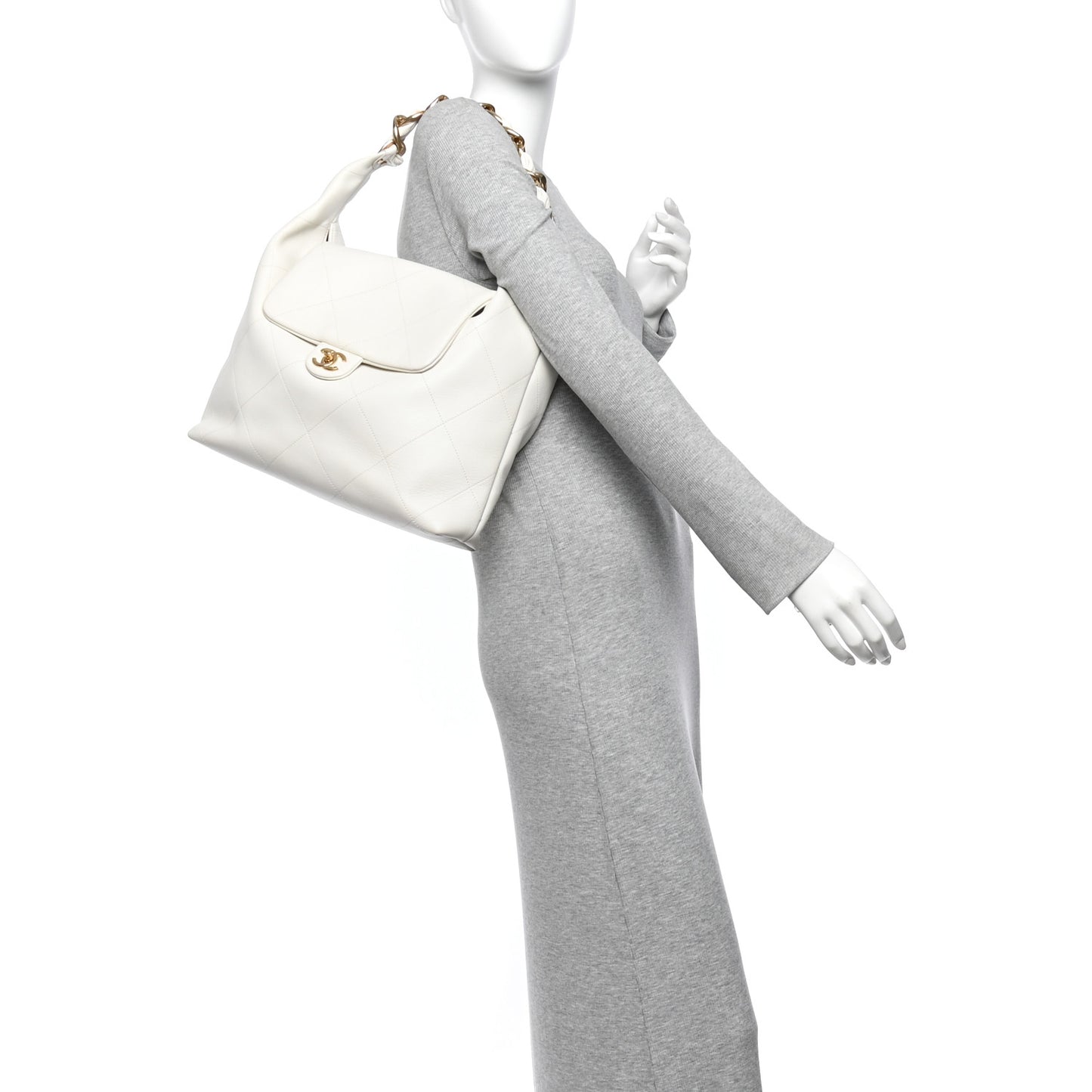 Calfskin Quilted Small Maxi Chain Hobo White