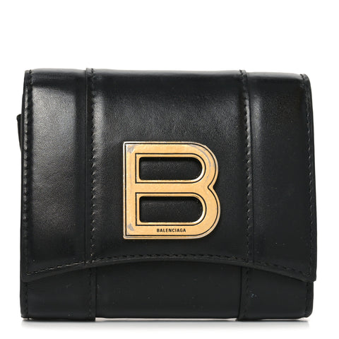 Shiny Box Calfskin Hourglass Compact Wallet Black
