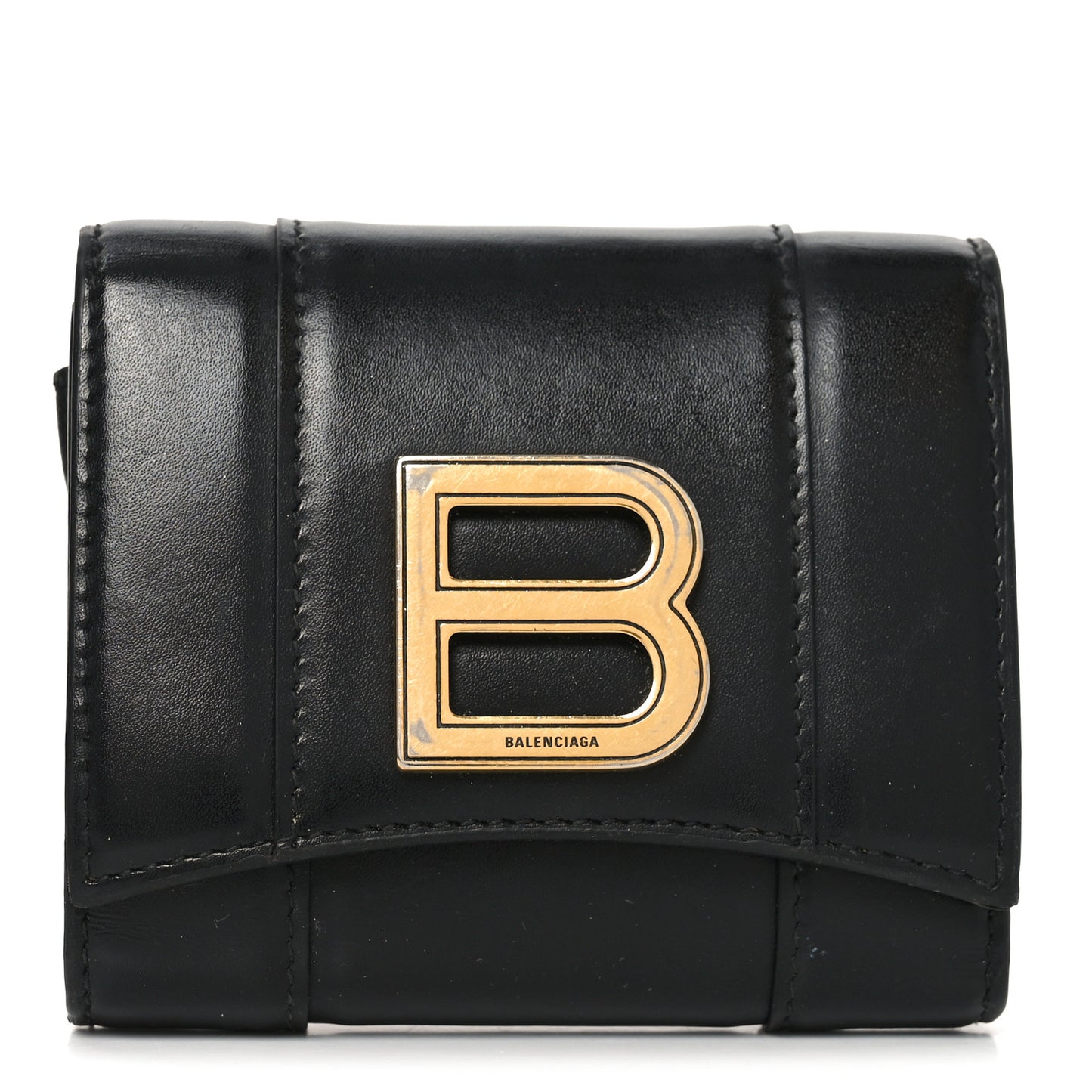 Shiny Box Calfskin Hourglass Compact Wallet Black