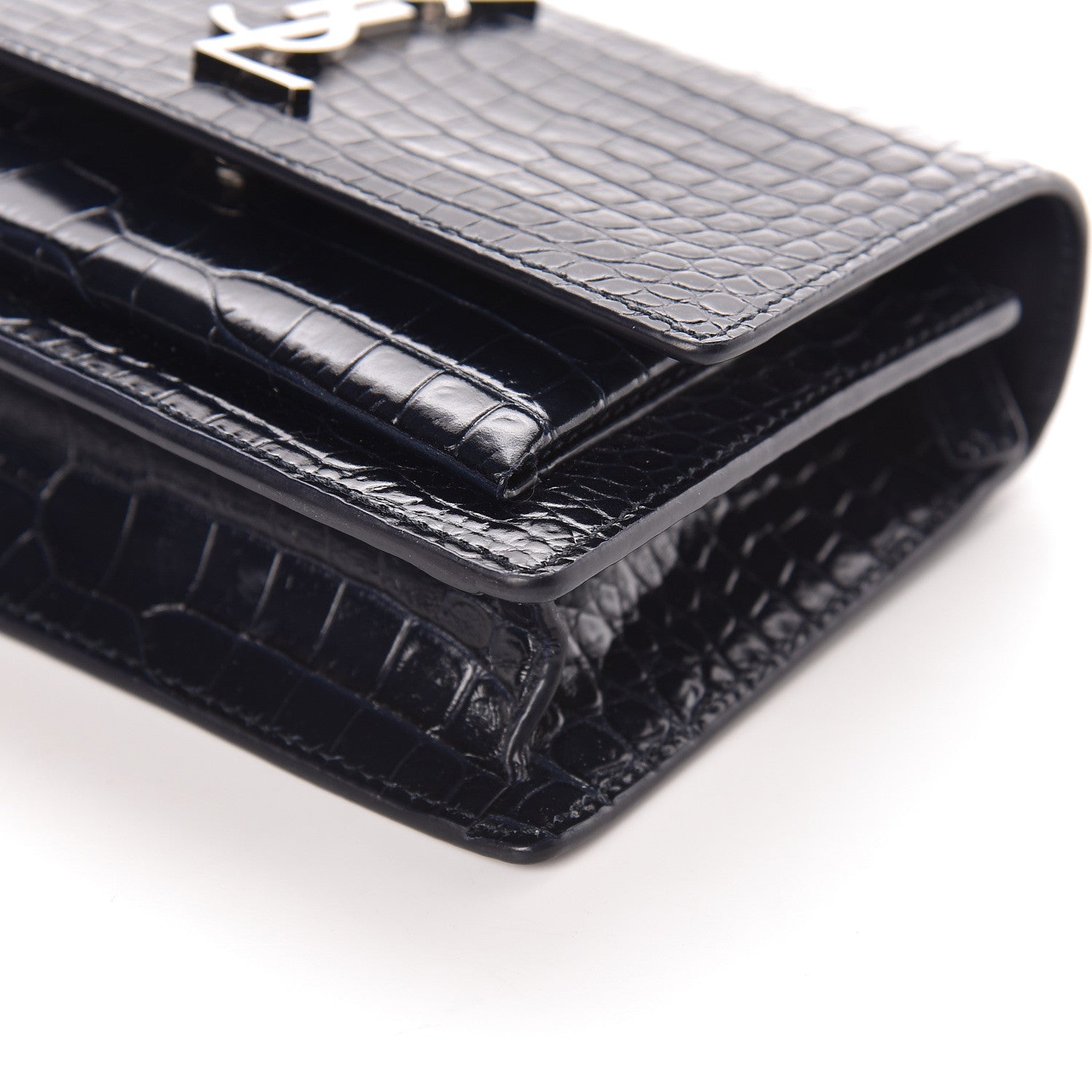 Saint Laurent Calfskin Crocodile Embossed Monogram Sunset Chain Wallet Navy 9 of 10