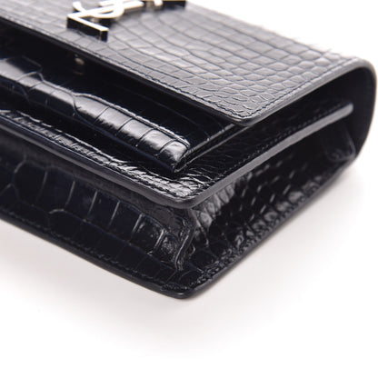Saint Laurent Calfskin Crocodile Embossed Monogram Sunset Chain Wallet Navy 9 of 10