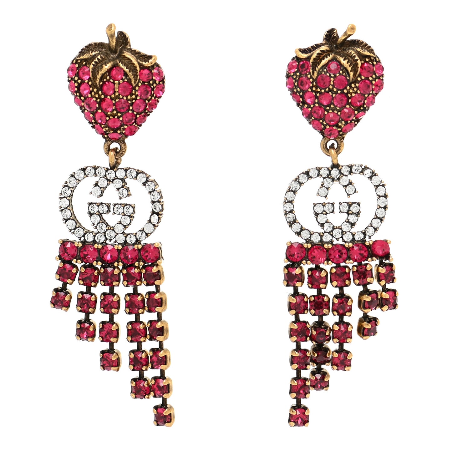 Metal Crystal Interlocking G Strawberry Drop Earrings
