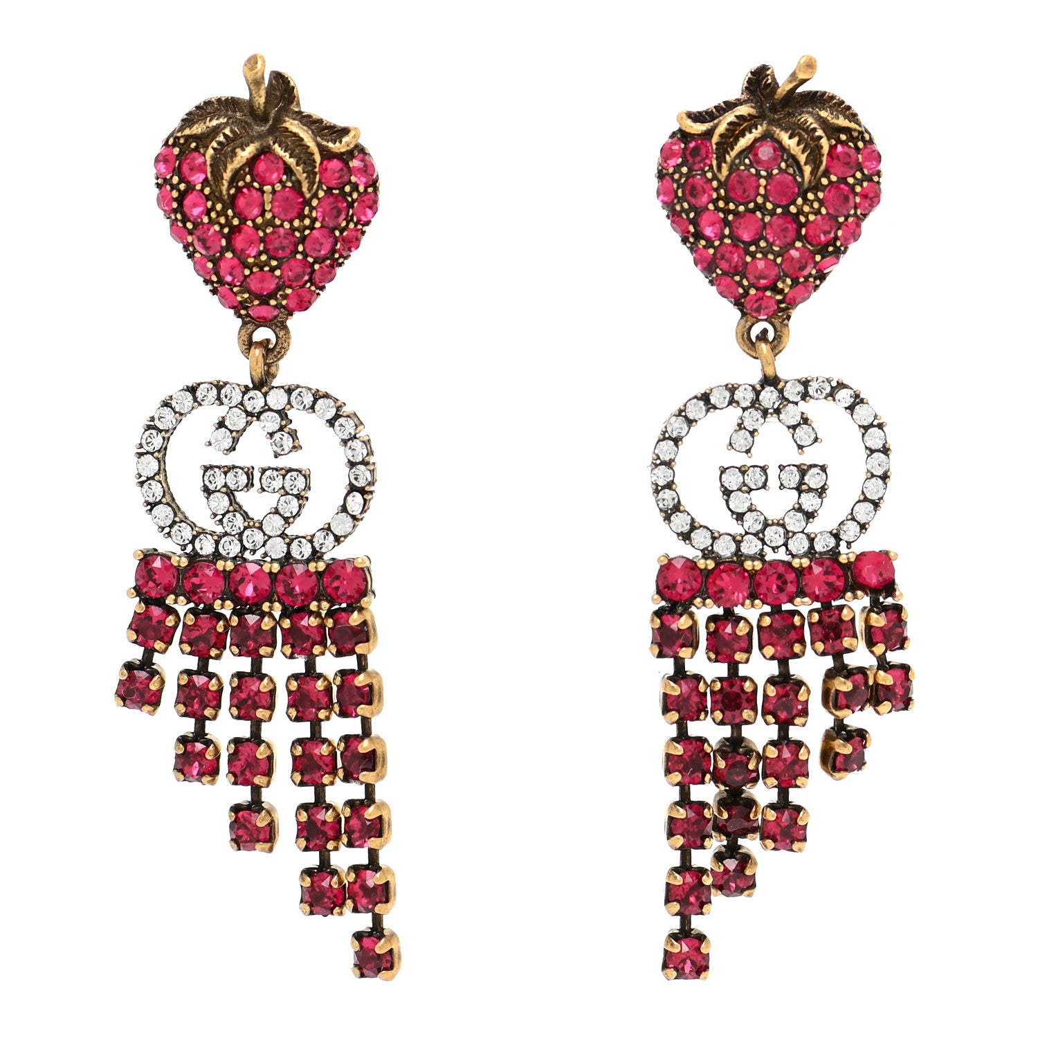Gucci Metal Crystal Interlocking G Strawberry Drop Earrings 1 of 6