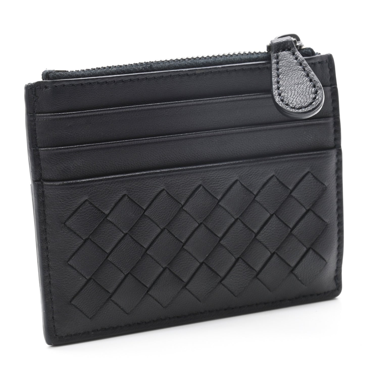 Calfskin Intrecciato Zip Card Holder Black