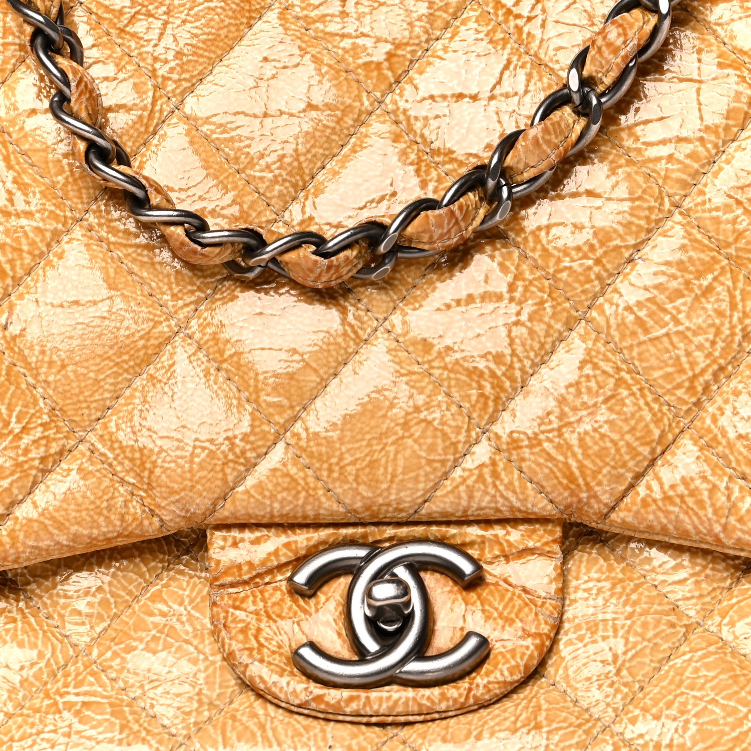 Chanel Crinkled Patent Quilted Jumbo Single Flap Light Beige 9 of 23