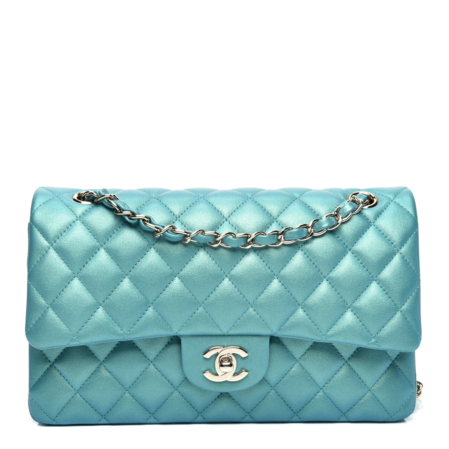 Iridescent Calfskin Quilted Medium Double Flap Green