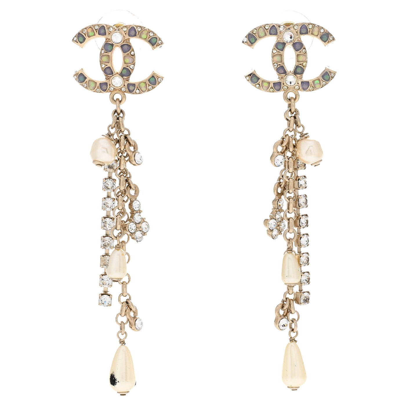 Crystal Pearl CC Chain Drop Earrings Multicolor