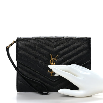 Saint Laurent Grain De Poudre Matelasse Chevron Monogram Envelope Clutch Black 2 of 9