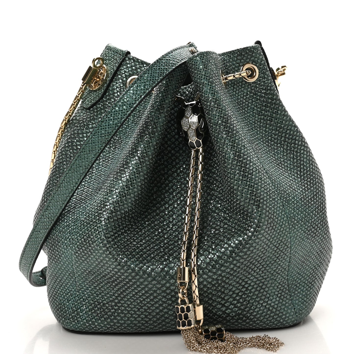 Metallic Karung Serpenti Forever Bucket Bag Emerald Green