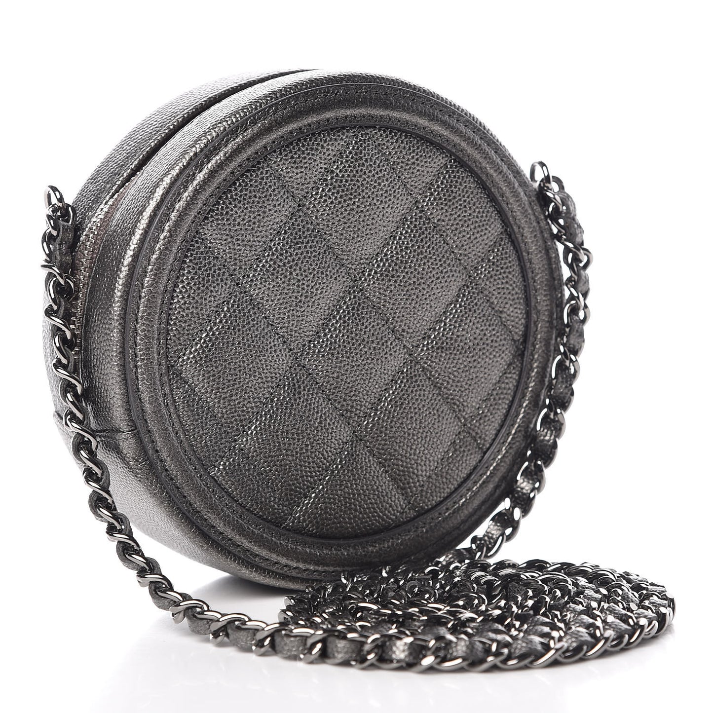 Metallic Caviar Quilted Round Filigree Crossbody Dark Silver
