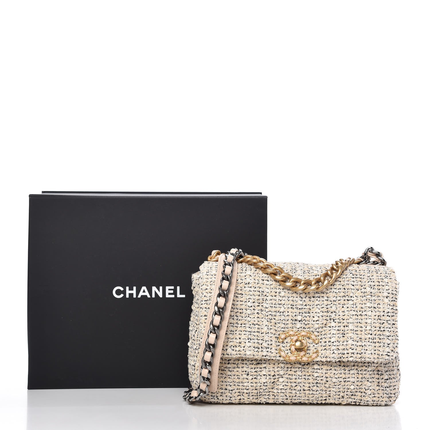 Chanel Tweed Quilted Medium 19 Flap Ecru Black 10 of 10