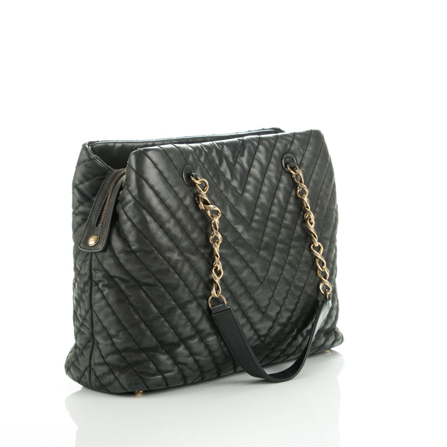 Iridescent Calfskin Surpique Chevron Tote Black