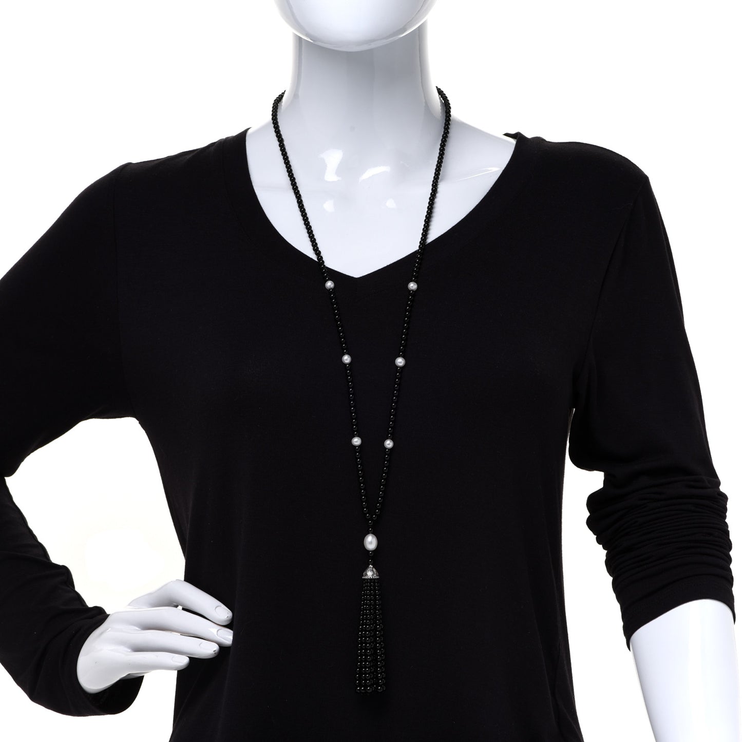 Sterling Silver Black Onyx Freshwater Pearl Ziegfeld Tassel Necklace
