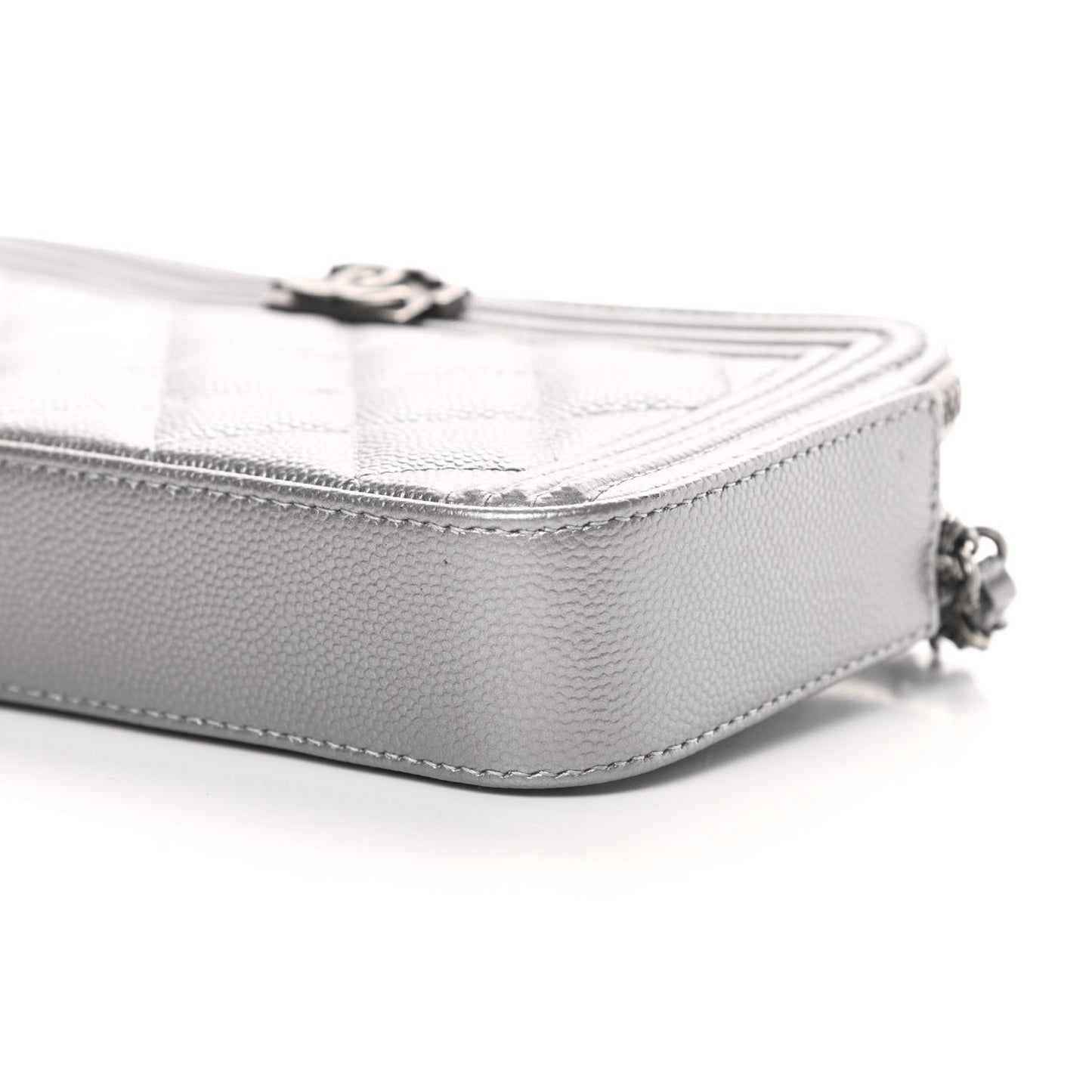Metallic Caviar Quilted Small Boy Clutch With Chain Silver
