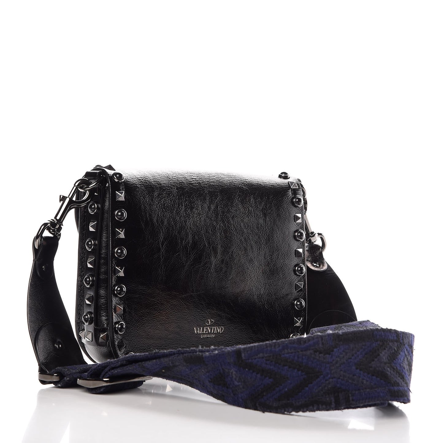 Craquele Calfskin Guitar Strap Rockstud Rolling Shoulder Flap Messenger Bag Black