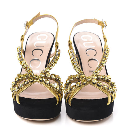Gucci Velvet Nappa Crystal Zephyra Slingback Platform High Heel Sandals 36.5 Black Gold 2 of 9