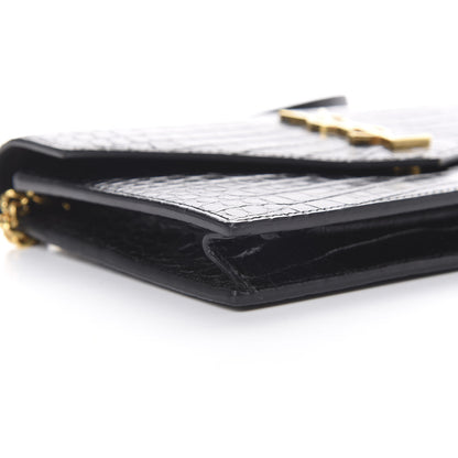 Saint Laurent Calfskin Crocodile Embossed Monogram Envelope Chain Wallet Black 9 of 13