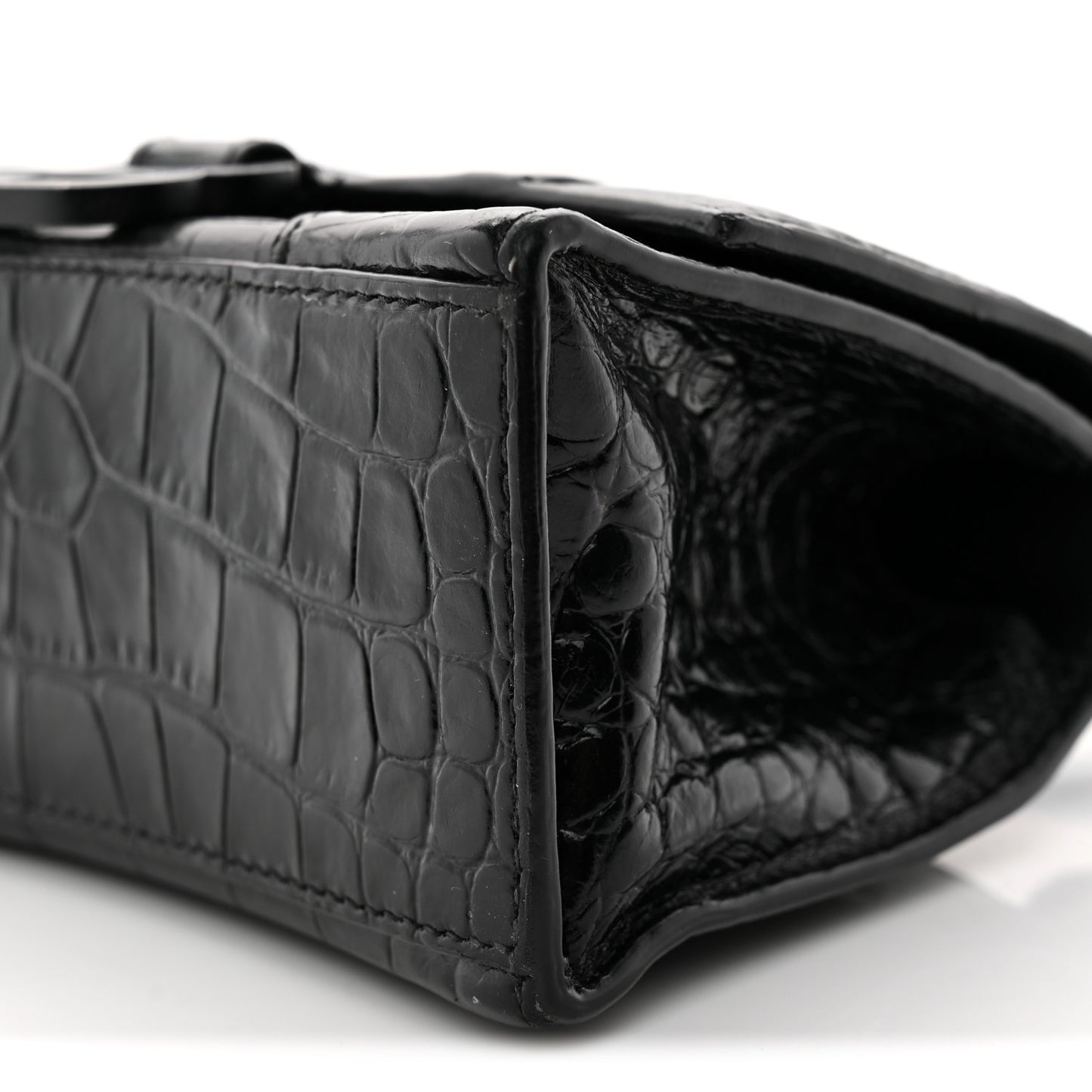 Shiny Calfskin Monochrome Crocodile Embossed Hourglass Top Handle Bag XS Black